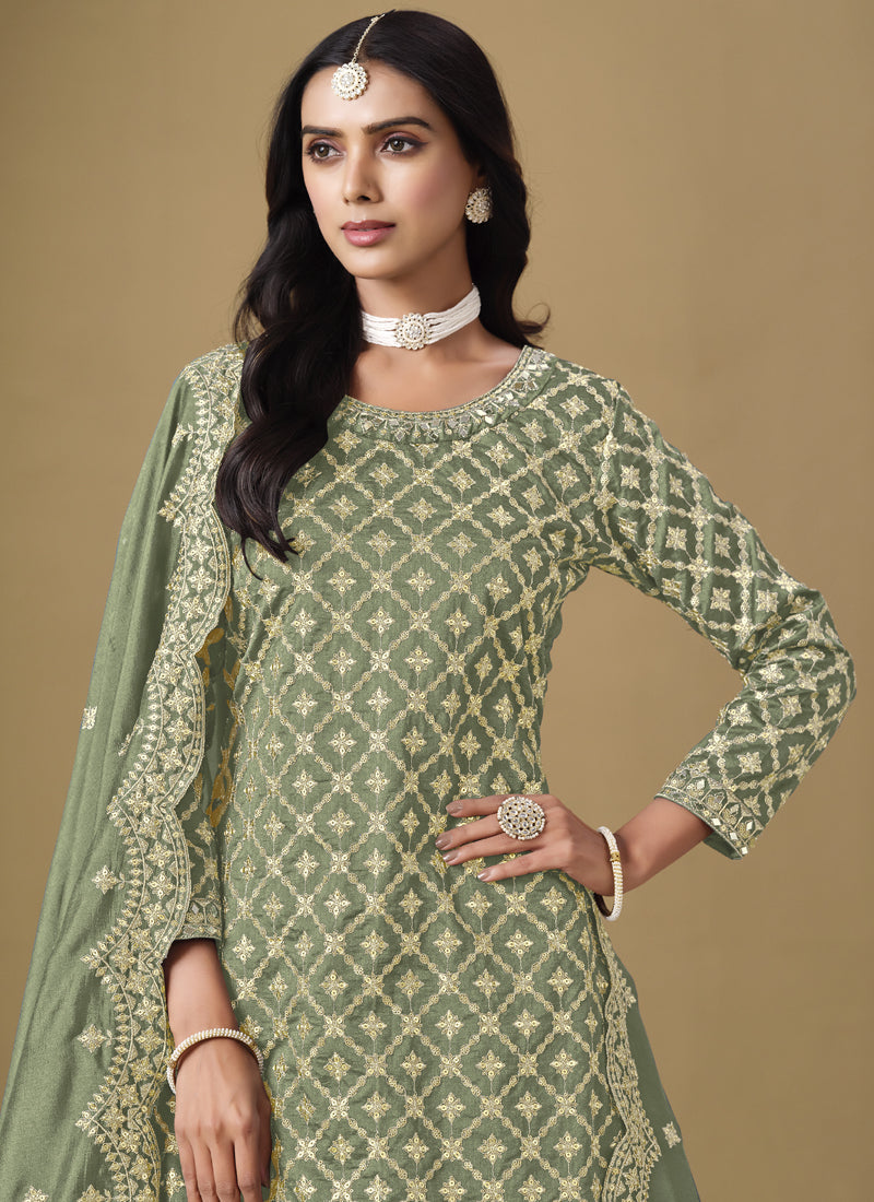 Light Green Art Silk Embroidered Lehenga Style Suit