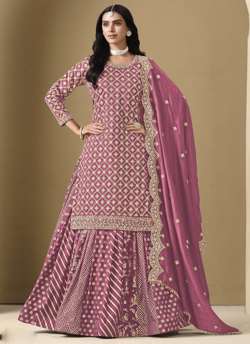Onion Pink Art Silk Lehenga Style Suit with beautiful embroidery and gota patti detailing
