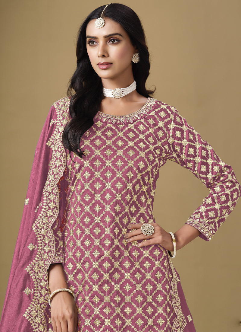 Onion Pink Art Silk Embroidered Lehenga Style Suit