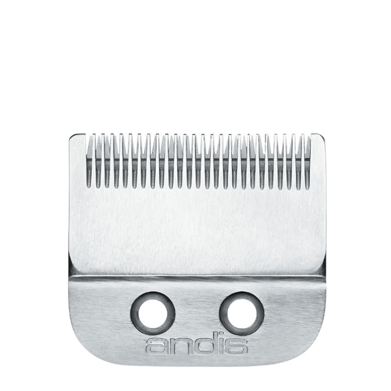 Close up of a metallic silver carbon-steel replacement fade blade for cordless hair clippers.