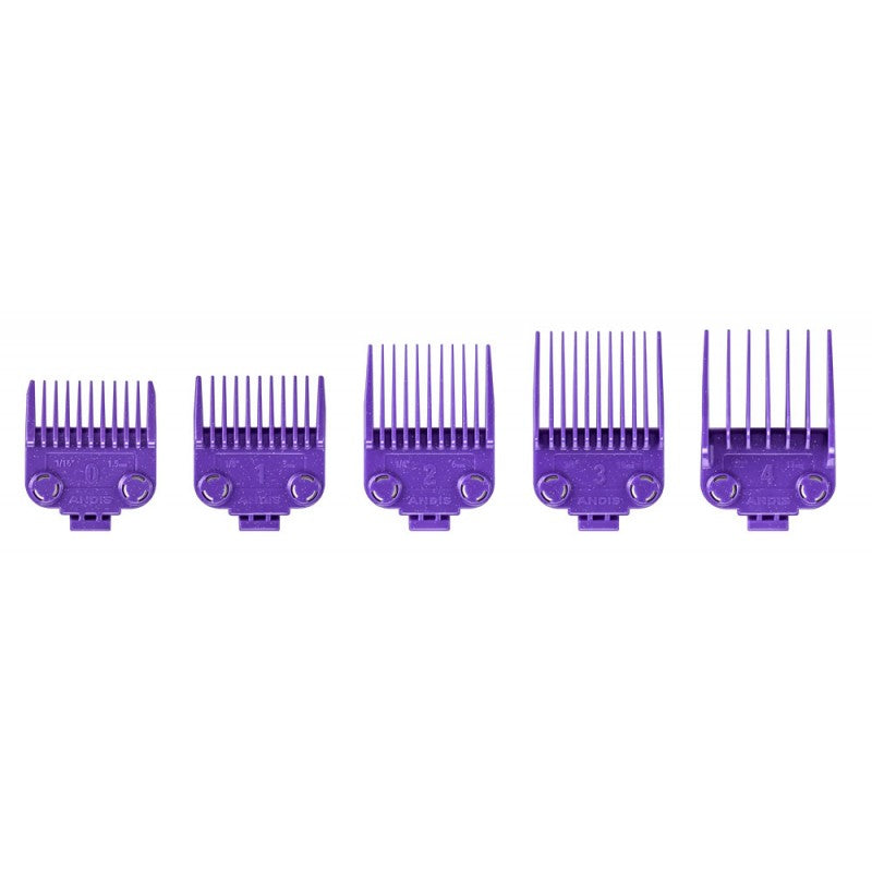 Set of five vibrant violet Dual Magnet clipper combs arranged for display