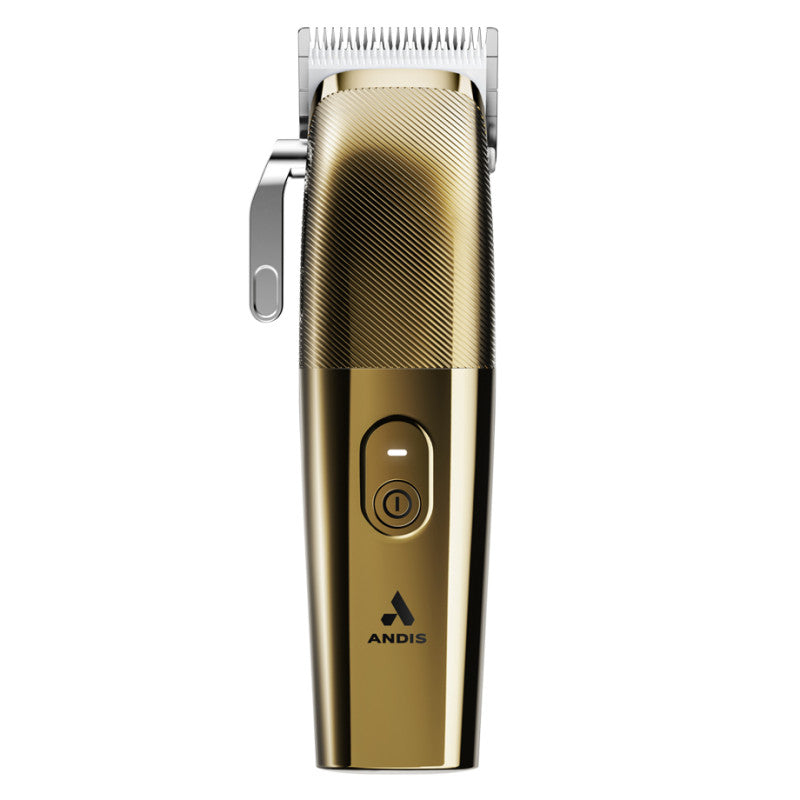 Andis Envy II Premier Clipper in a premium gold finish with charging stand.