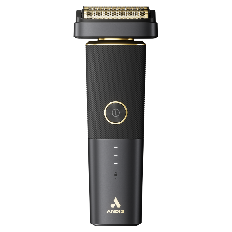 Close up of a sleek matte black and gold modern electric shaver on a clean surface
