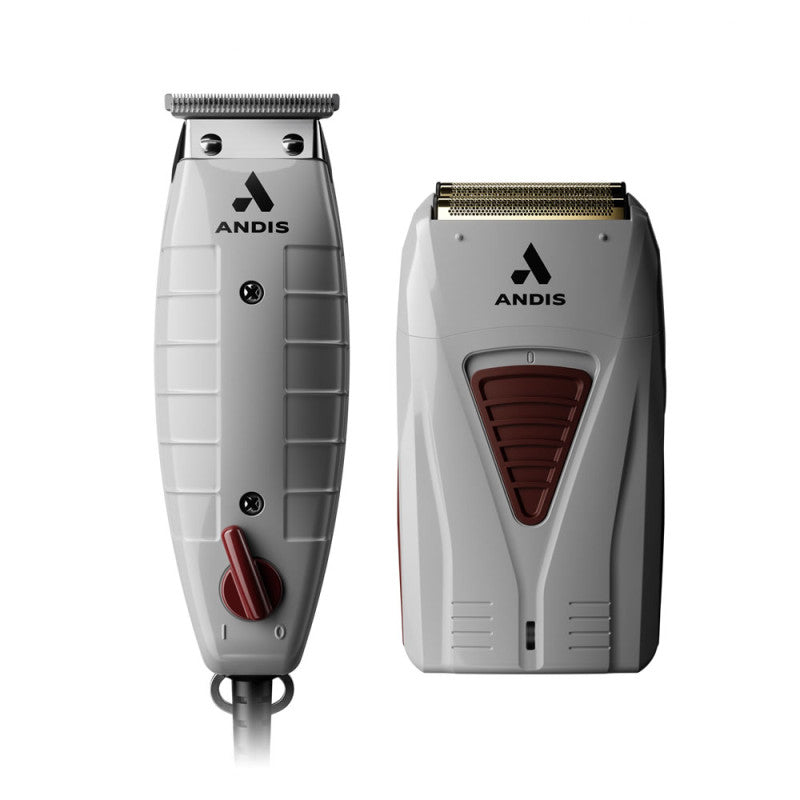 Professional Andis grey and maroon trimmer and shaver combo set in a modern bathroom setting