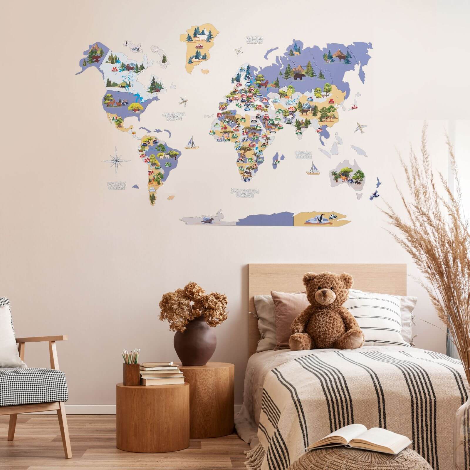 Interactive Animal World Map Wall Decor for Kids Nursery