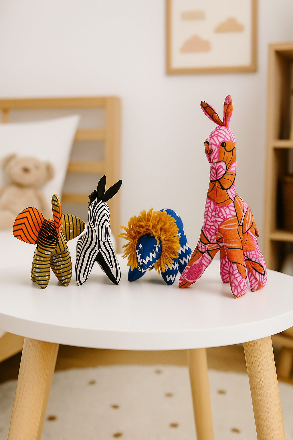 A collection of vibrant, artisan-made Ugandan fabric animal sculptures including a giraffe and elephant on a wooden surface.