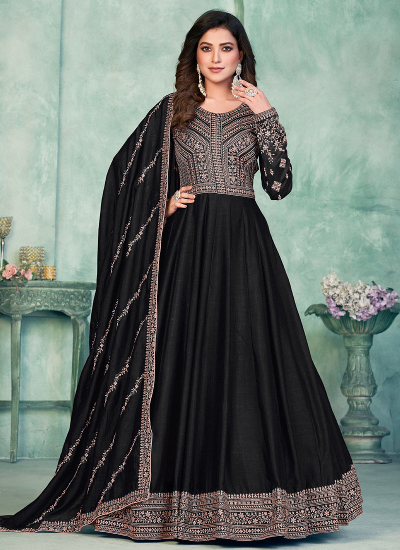 Black Art Silk Anarkali Suit with Gota Patti Embroidery