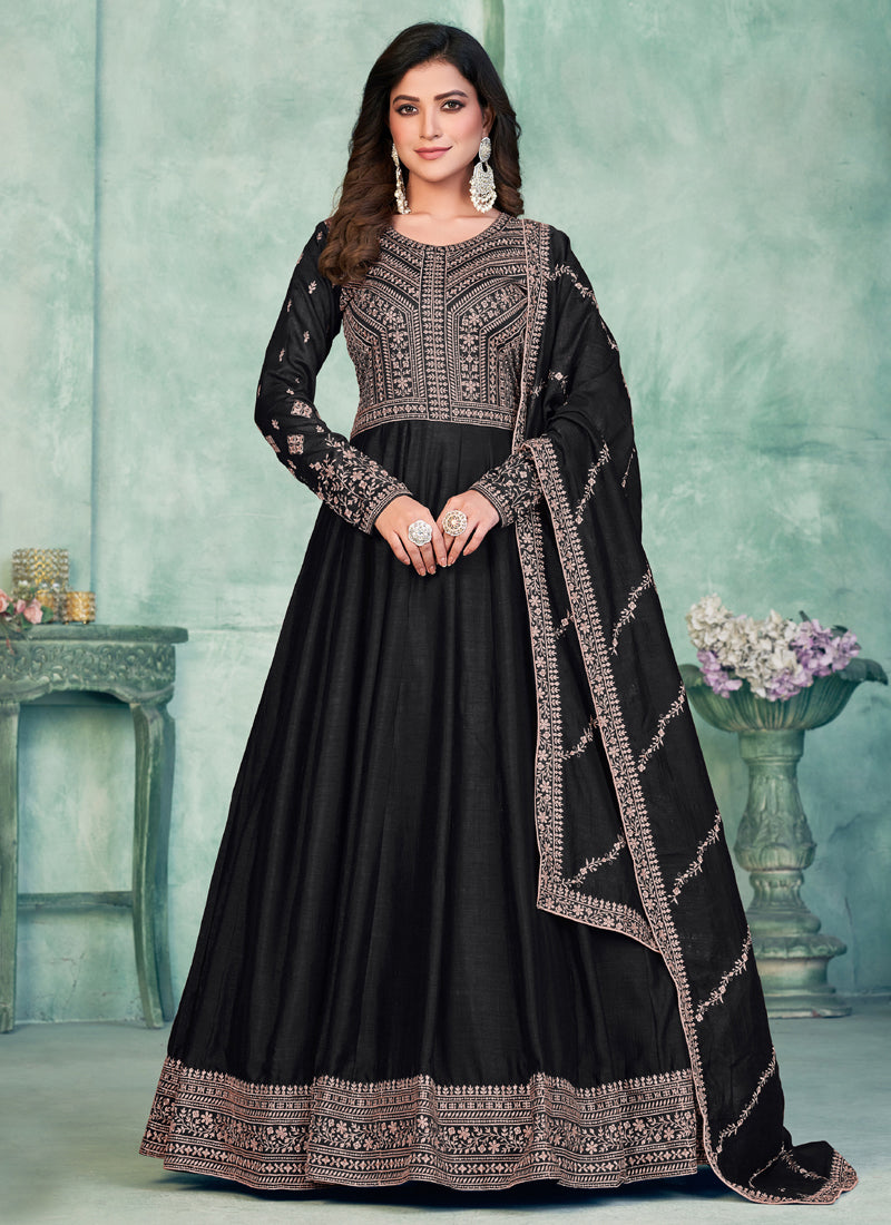 Elegant black art silk Anarkali suit with detailed gota patti embroidery for festive occasions