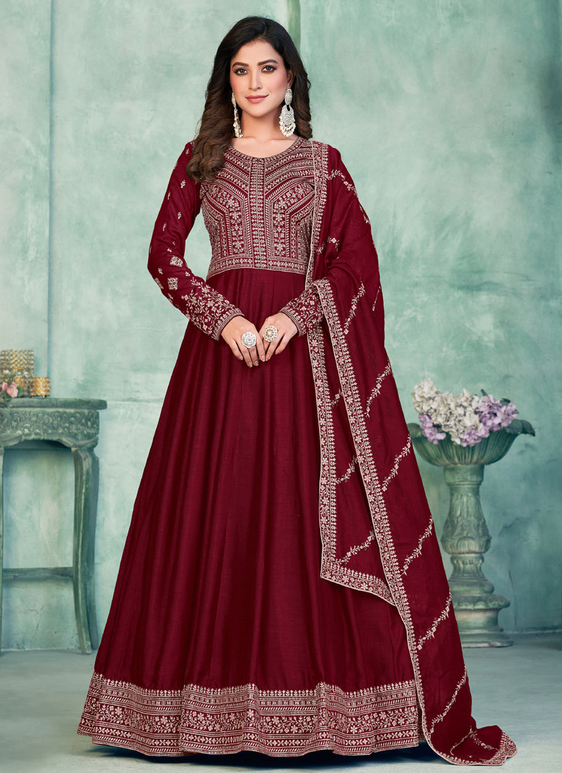 Maroon Art Silk Anarkali Suit with Intricate Embroidery
