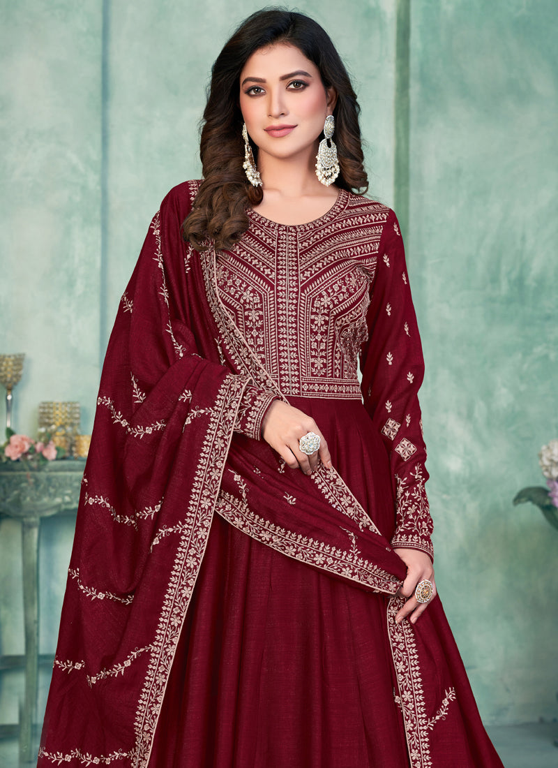 Maroon Art Silk Anarkali Suit with Intricate Embroidery