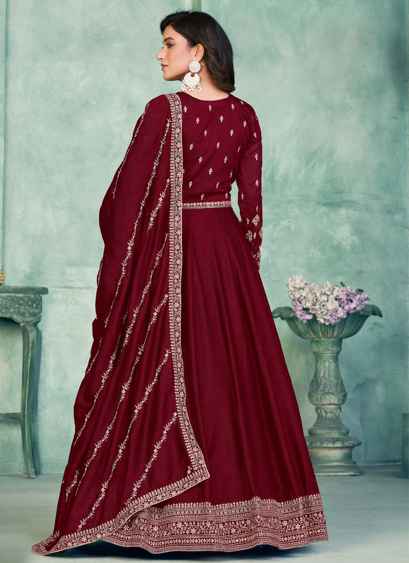 Maroon Art Silk Anarkali Suit with Intricate Embroidery