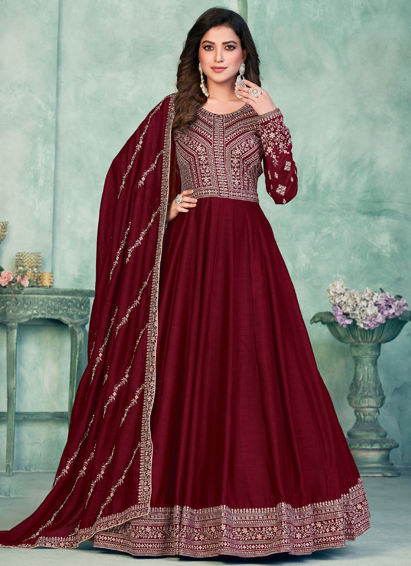Maroon art silk Anarkali suit with elegant embroidery and classic festive style