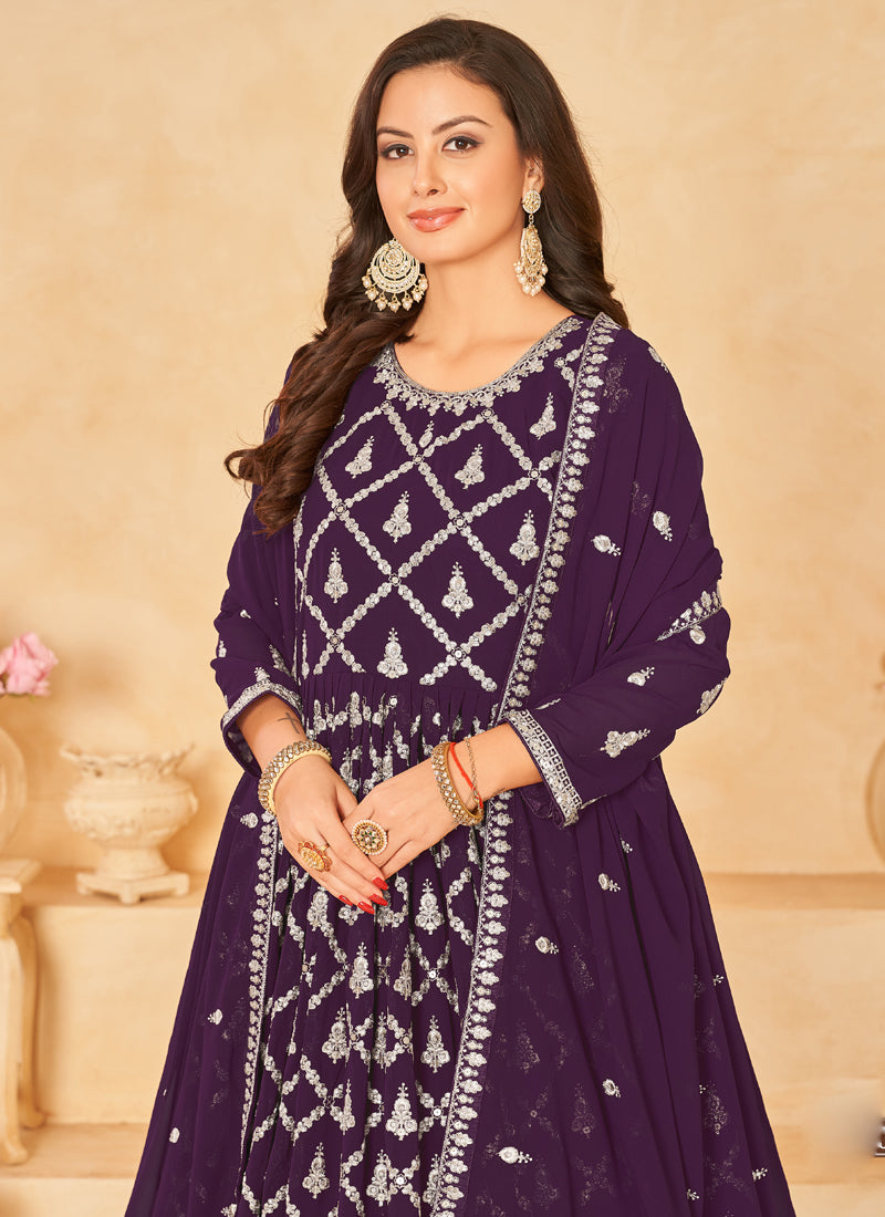 Vegaa Fashion Designer Purple Faux Georgette Embroidery Anarkali Suit