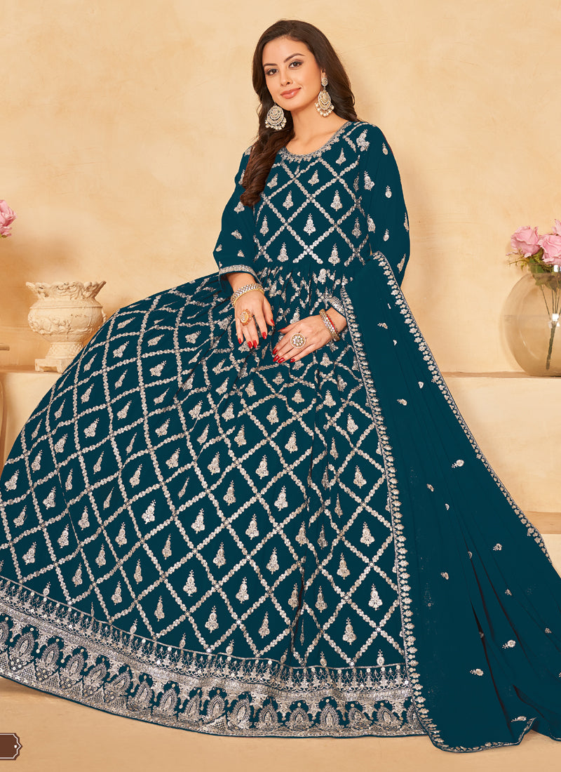 Aqua Blue Faux Georgette Embroidered Anarkali Suit Set