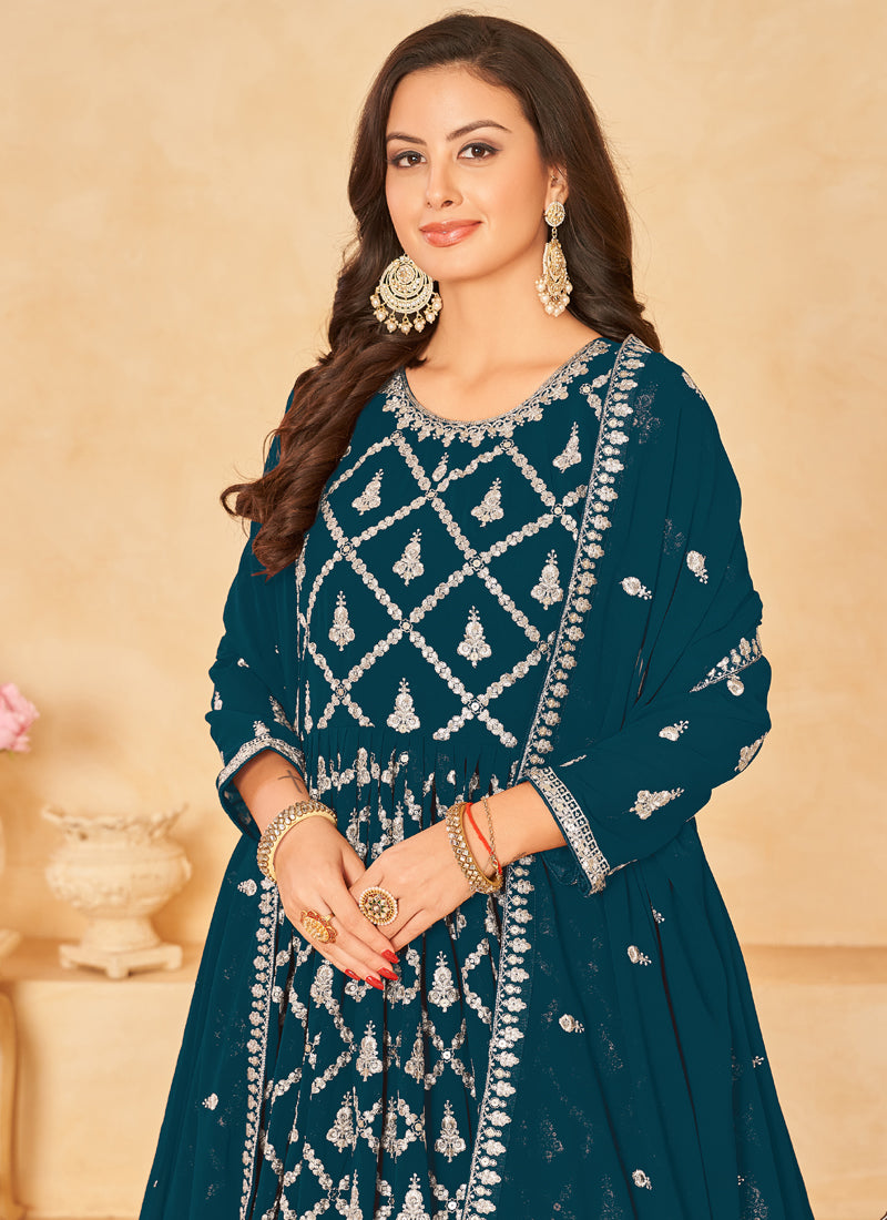 Aqua Blue Faux Georgette Embroidered Anarkali Suit Set