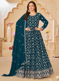 Aqua Blue Faux Georgette Anarkali suit with detailed embroidery.