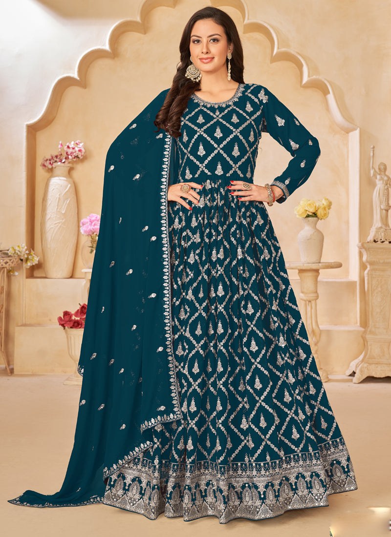 Aqua Blue Faux Georgette Anarkali suit with detailed embroidery.