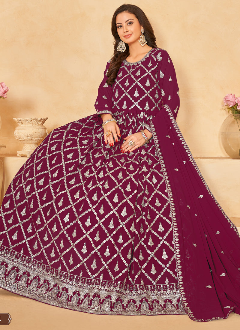 Wine Faux Georgette Embroidered Anarkali Suit Set