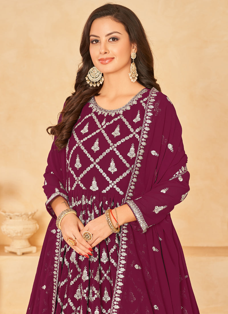 Wine Faux Georgette Embroidered Anarkali Suit Set