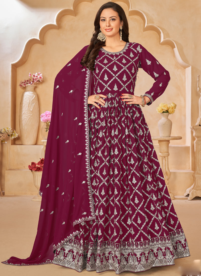 Wine Faux Georgette Anarkali Suit with intricate embroidery