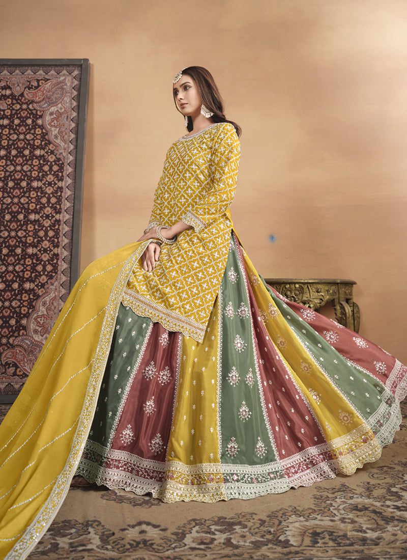Yellow Chinon Silk Embroidered Lehenga Suit for Wedding Parties