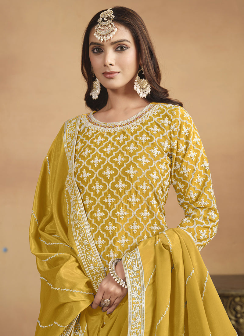 Yellow Chinon Silk Embroidered Lehenga Suit for Wedding Parties