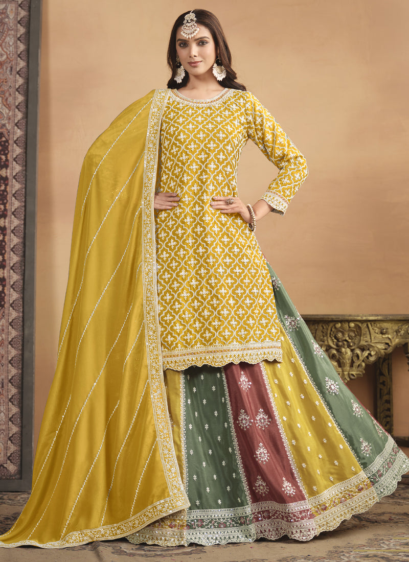 Elegant yellow chinon silk lehenga style suit with intricate gota patti embroidery
