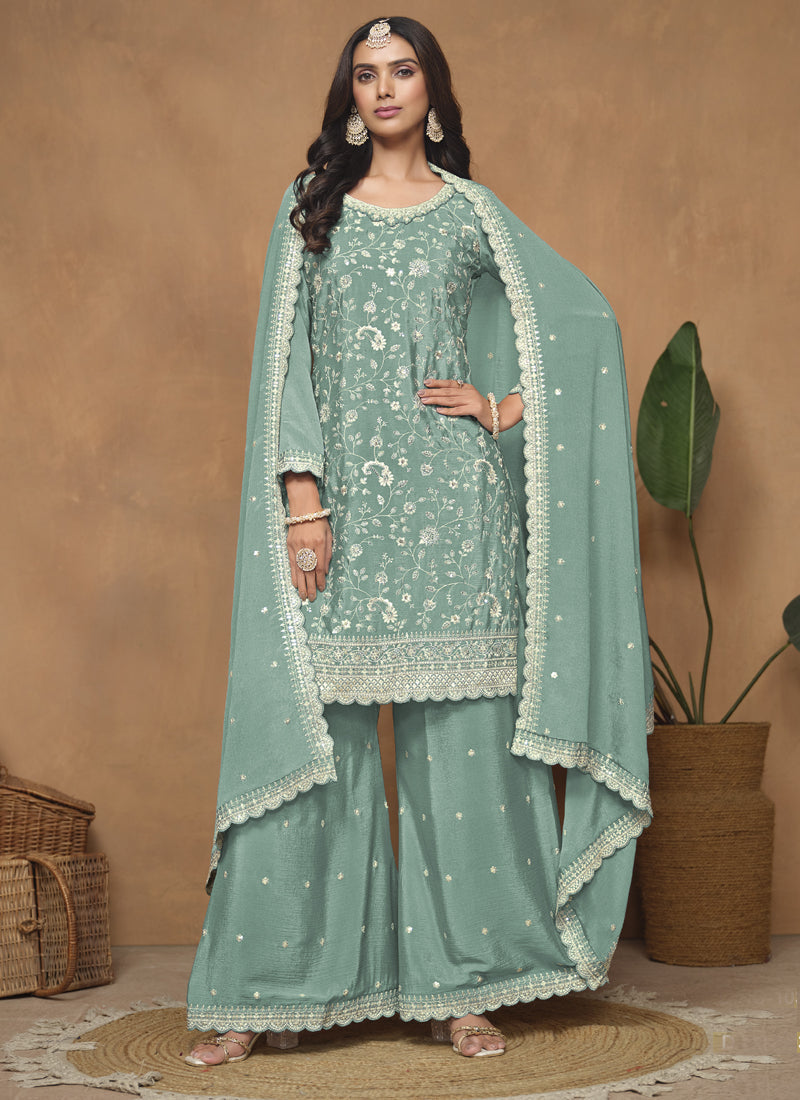 Sea Green Chinon Silk Palazzo Suit with Embroidery