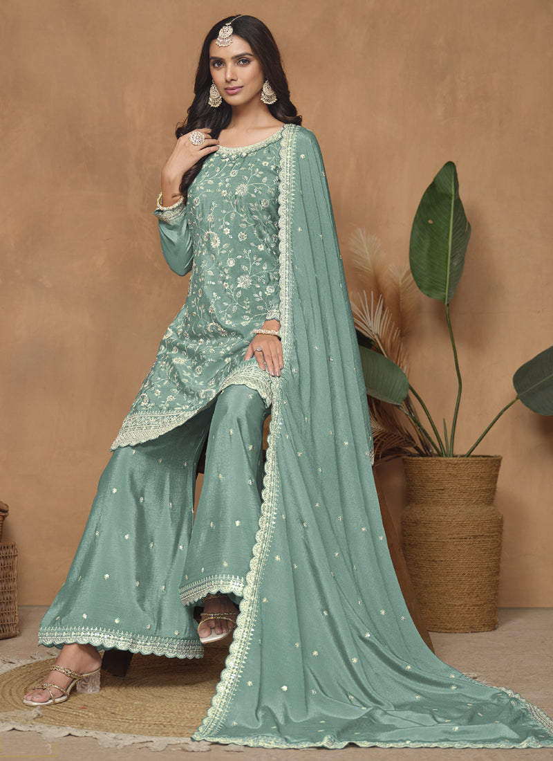Sea Green Chinon Silk Palazzo Suit with Embroidery