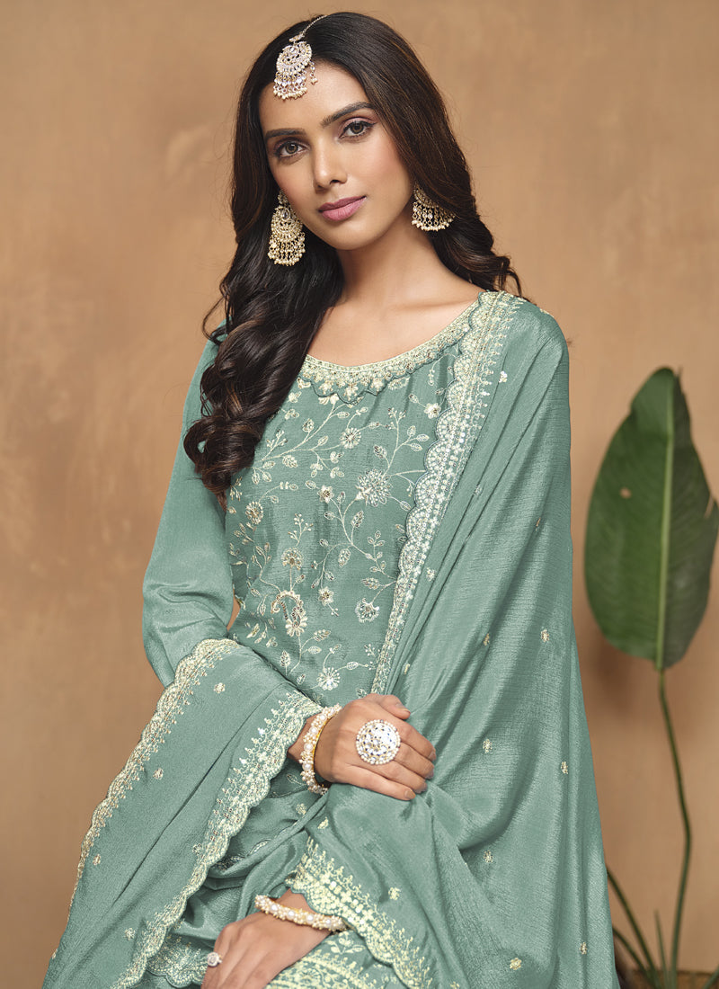 Sea Green Chinon Silk Palazzo Suit with Embroidery
