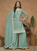 Sea green chinon silk palazzo suit with detailed embroidery and shimmer finish