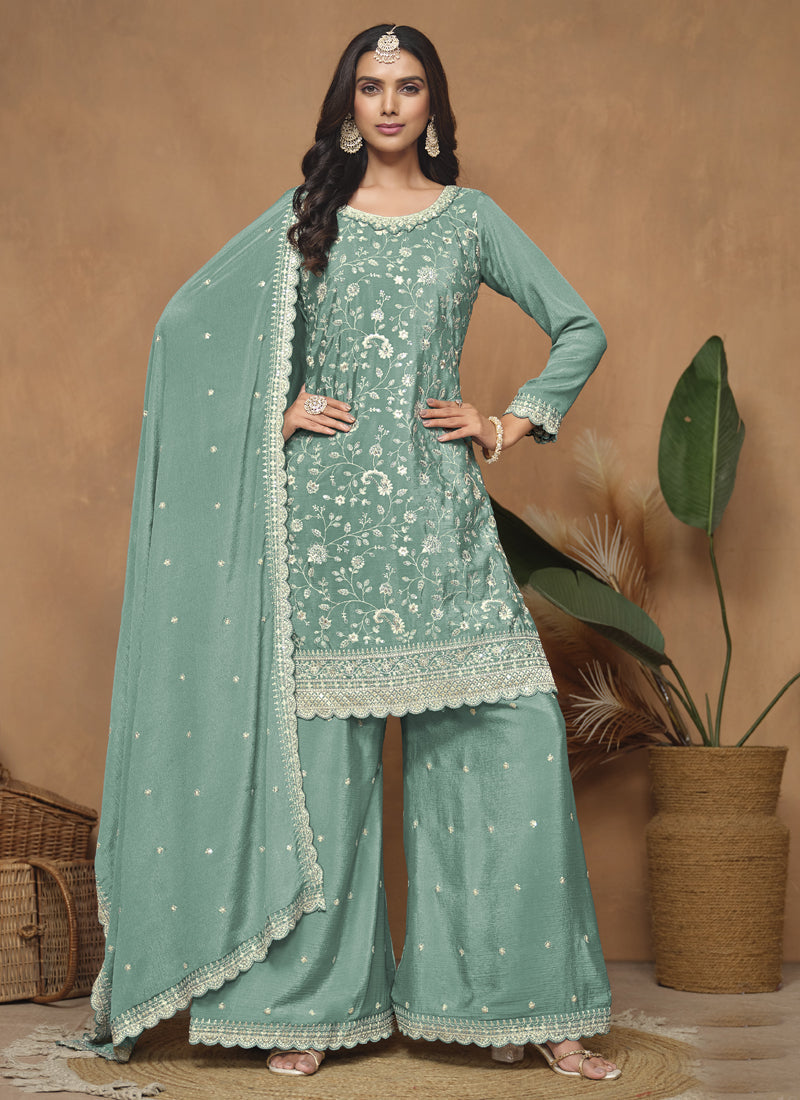 Sea green chinon silk palazzo suit with detailed embroidery and shimmer finish