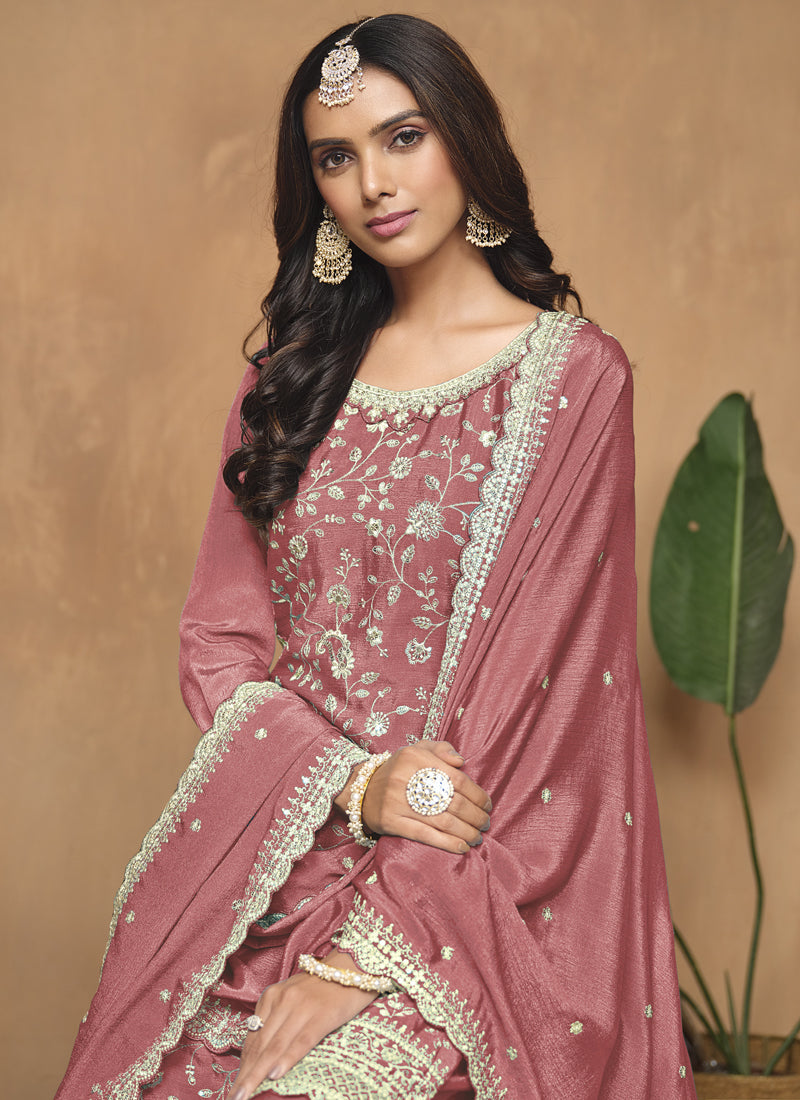Peach Chinon Silk Embroidered Palazzo Suit for Festive Wear
