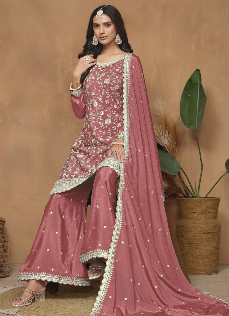 Peach chinon silk embroidered palazzo suit with shimmering gota patti detail