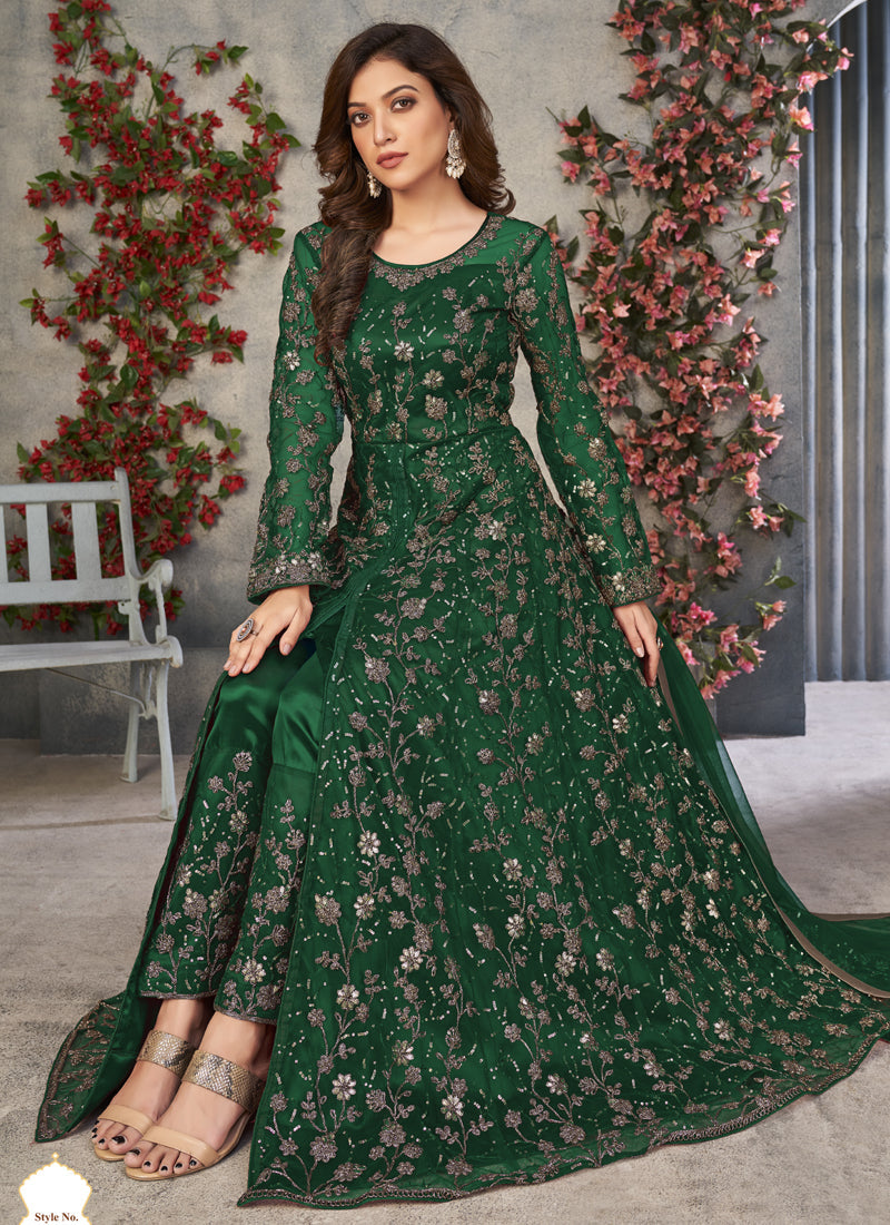Green Net Anarkali Suit with Exquisite Embroidery