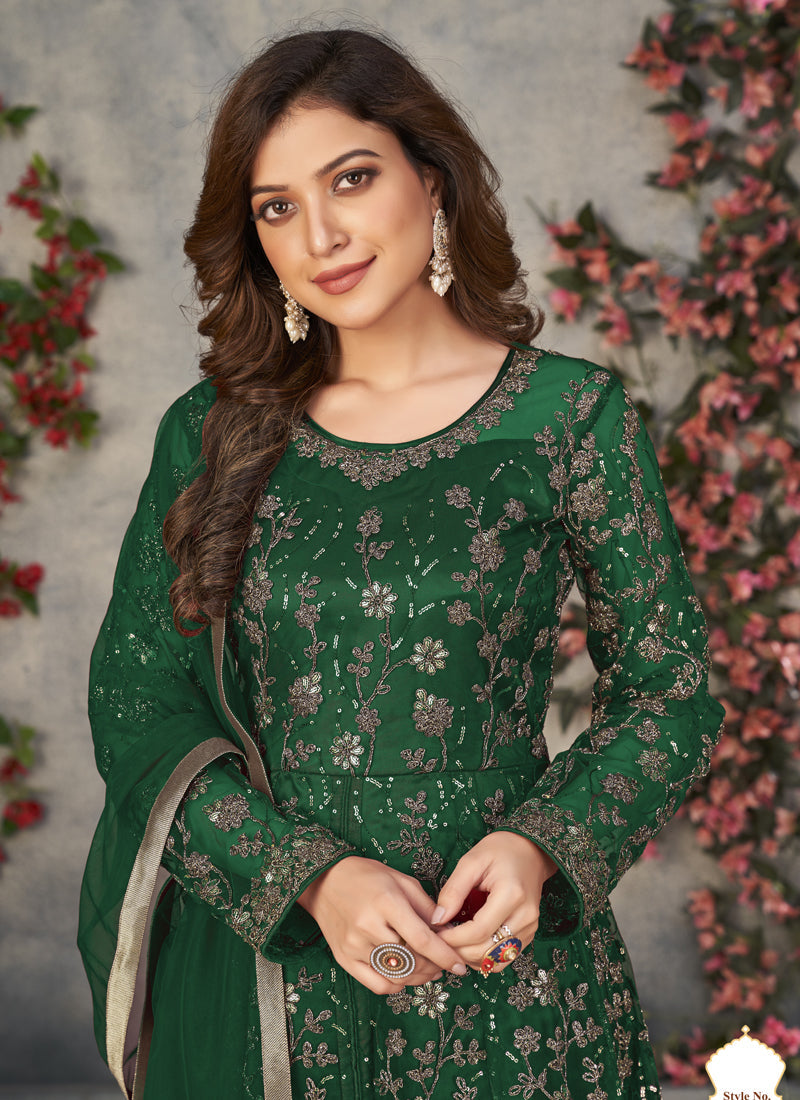 Green Net Anarkali Suit with Exquisite Embroidery