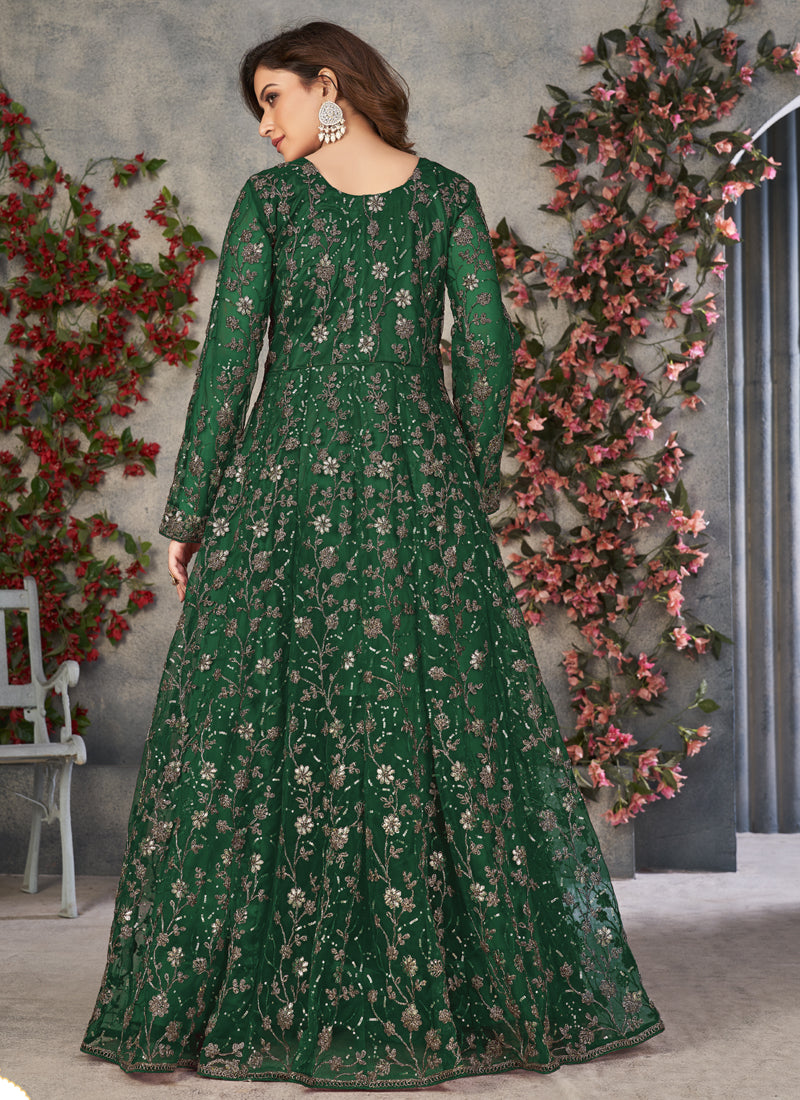 Green Net Anarkali Suit with Exquisite Embroidery