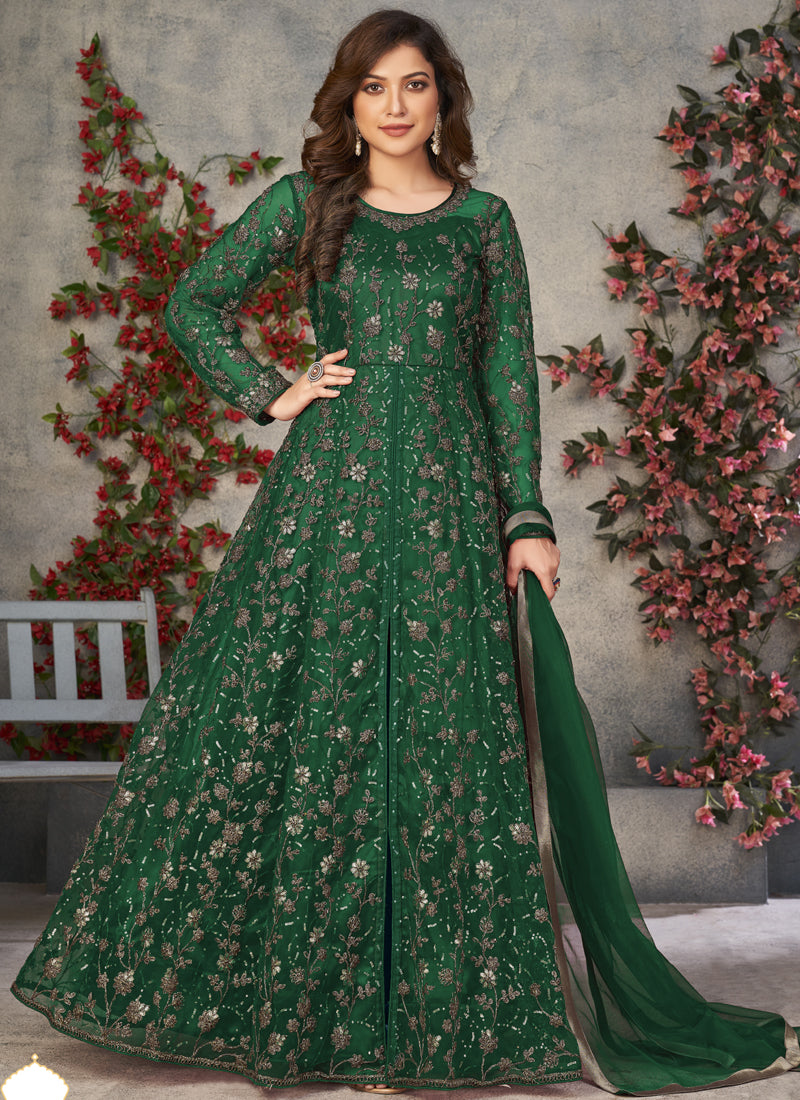 Green net Anarkali suit with intricate gota patti embroidery and elegant flow