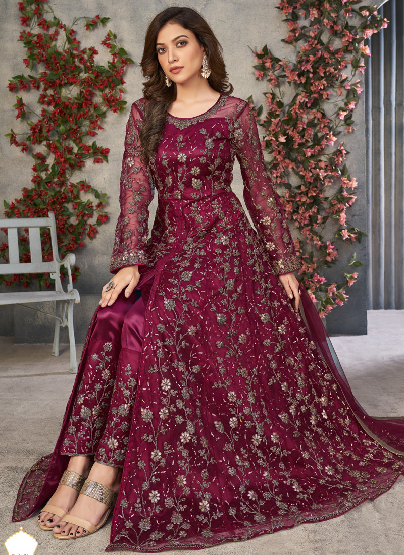 Wine Net Embroidered Anarkali Suit for Wedding Guest
