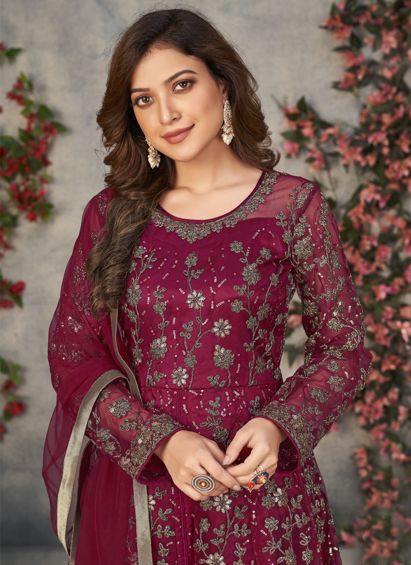 Wine Net Embroidered Anarkali Suit for Wedding Guest