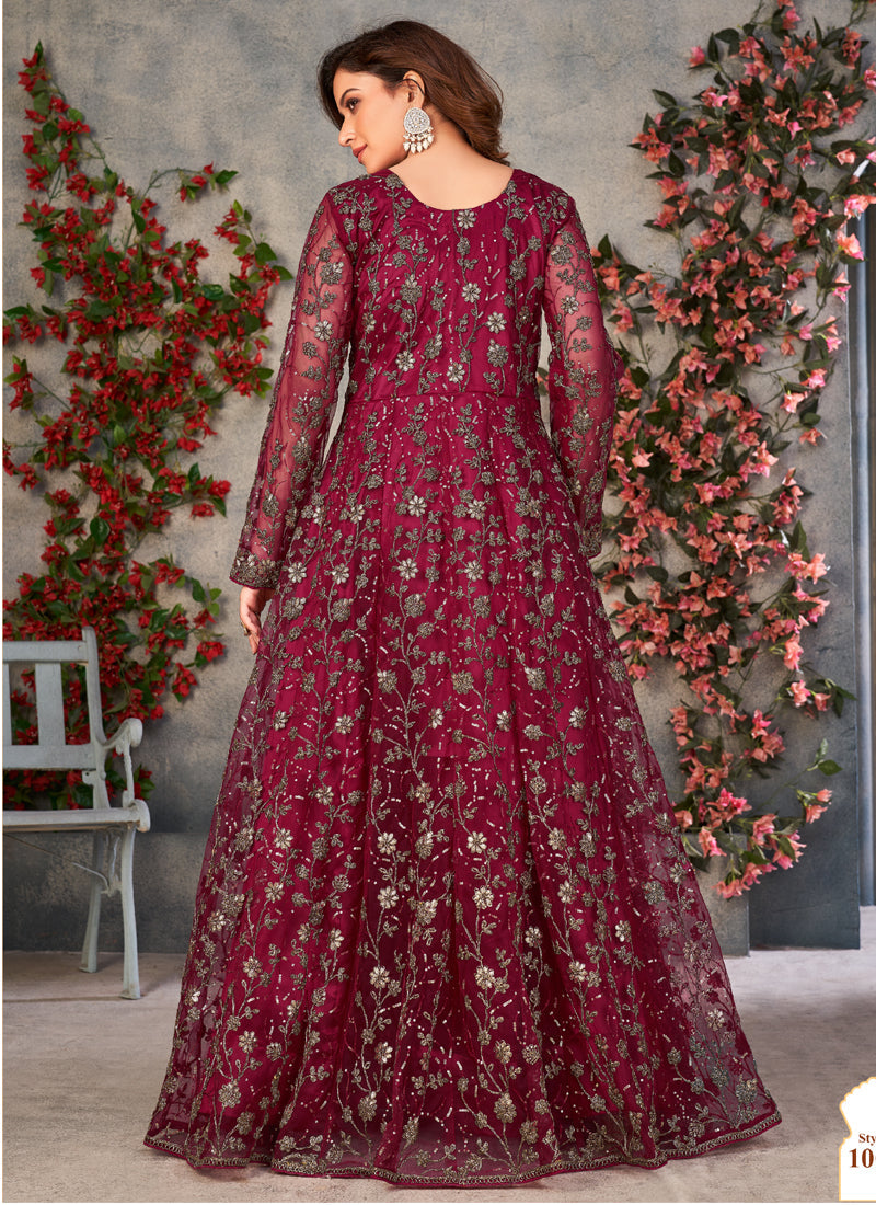 Wine Net Embroidered Anarkali Suit for Wedding Guest