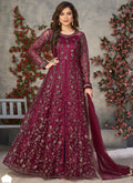 Wine colored net Anarkali suit with intricate gota patti embroidery