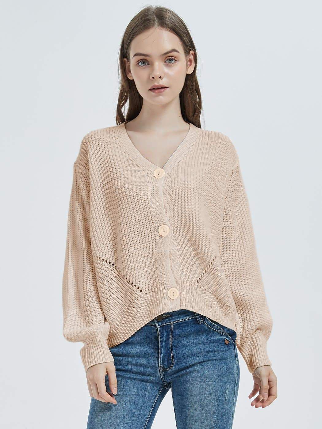 Women Lantern Sleeve Cardigan Button Down Open Front Knit Sweater Coat