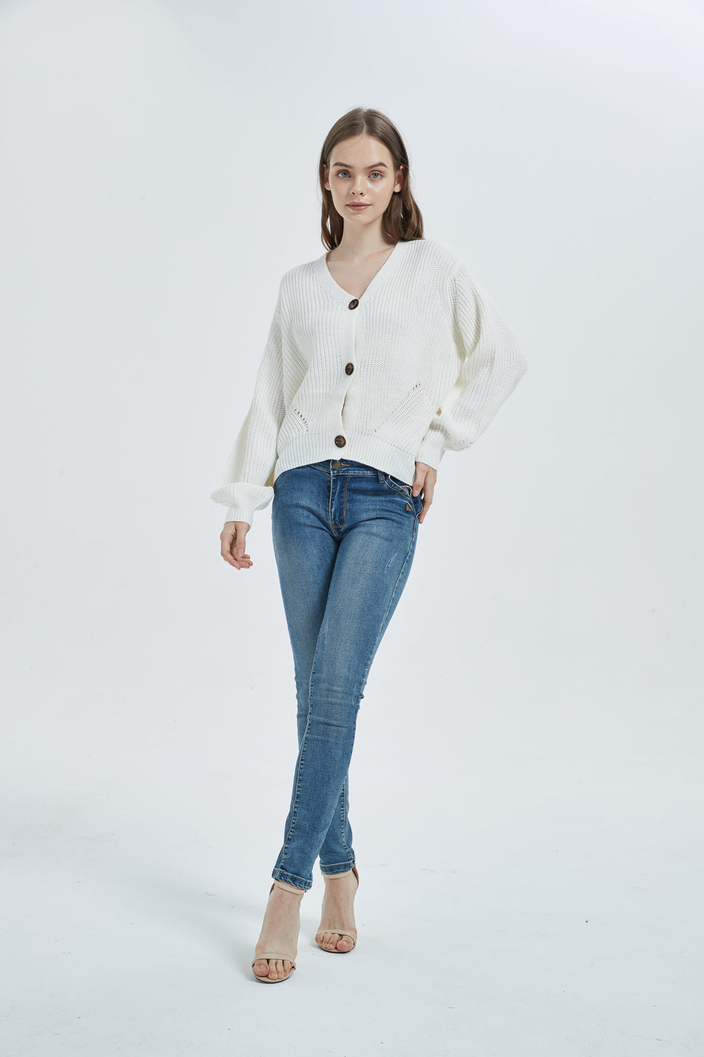 Women Lantern Sleeve Cardigan Button Down Open Front Knit Sweater Coat