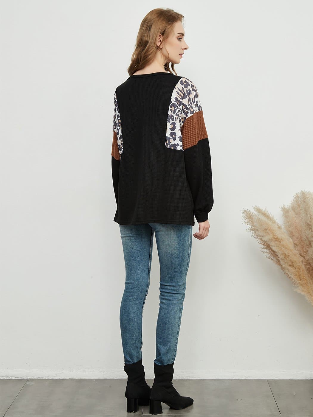Women's White Waffle Knit Color Block Leopard Sleeve Sweater - Image 3