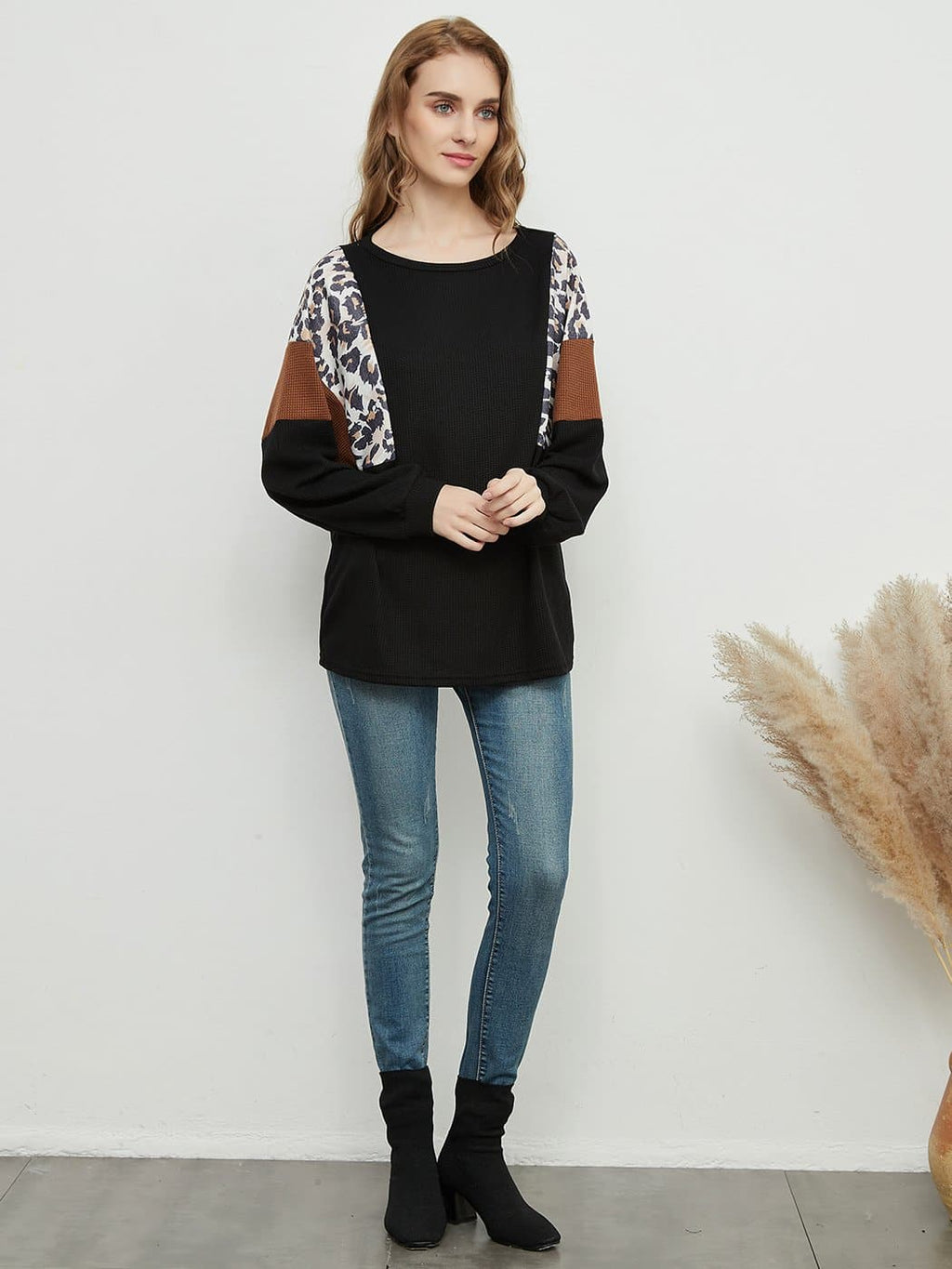 Women's White Waffle Knit Color Block Leopard Sleeve Sweater - Image 4