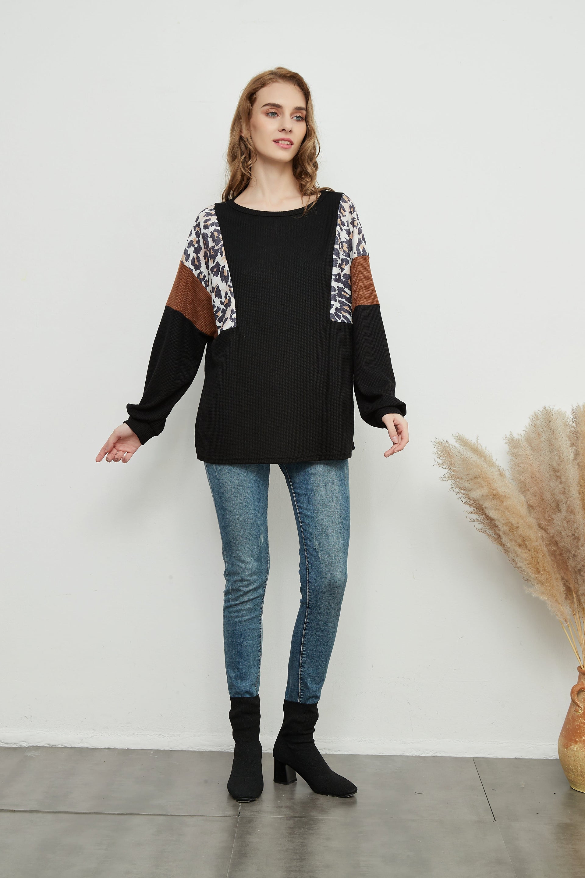 Women's White Waffle Knit Color Block Leopard Sleeve Sweater - Image 5