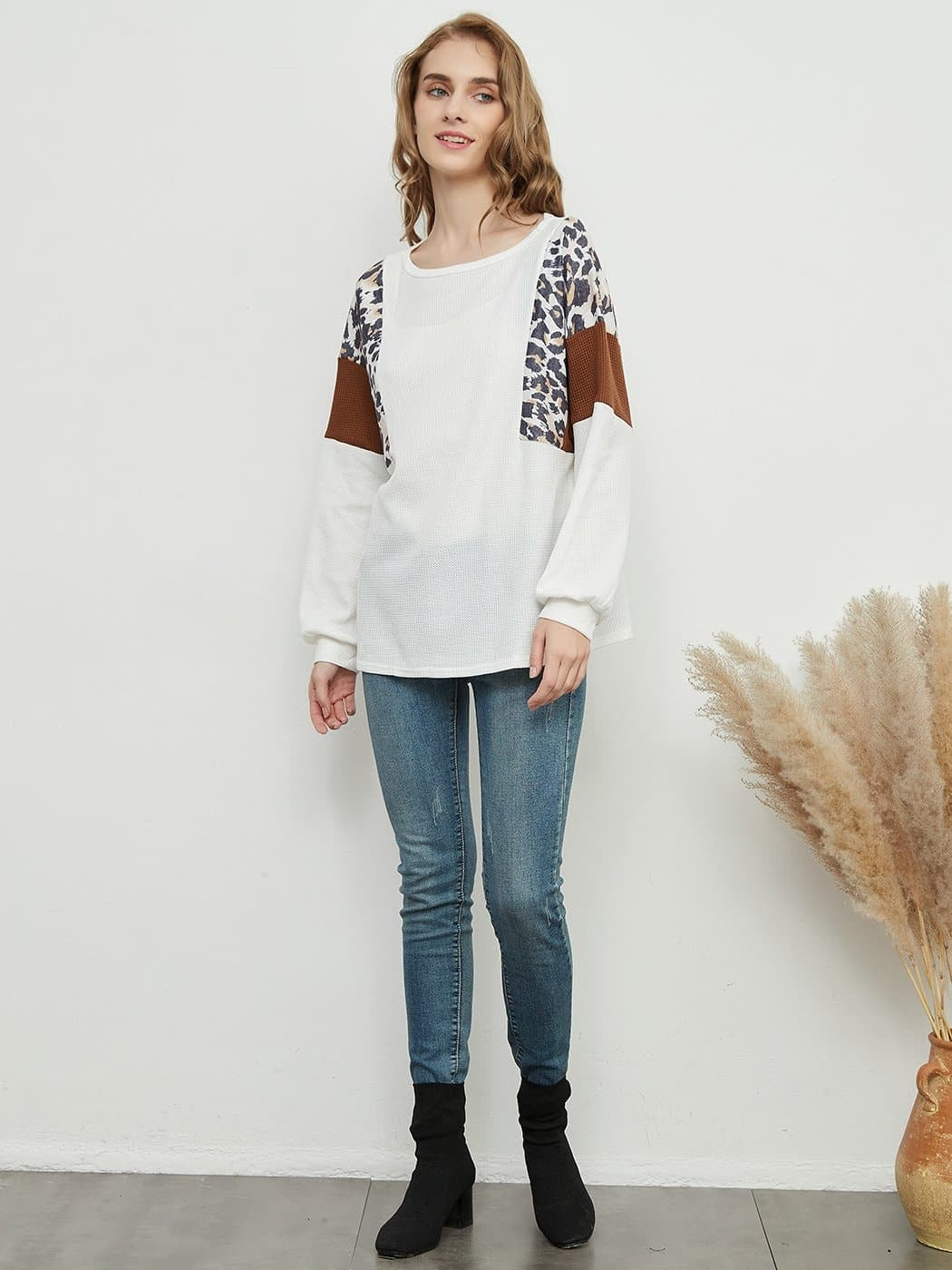 Women's White Waffle Knit Color Block Leopard Sleeve Sweater - Image 2