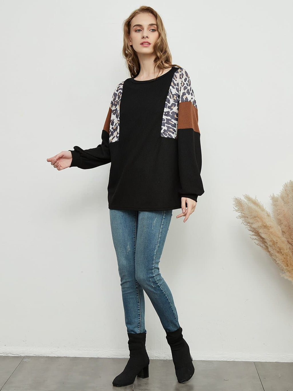 Women's White Waffle Knit Color Block Leopard Sleeve Sweater - Image 6