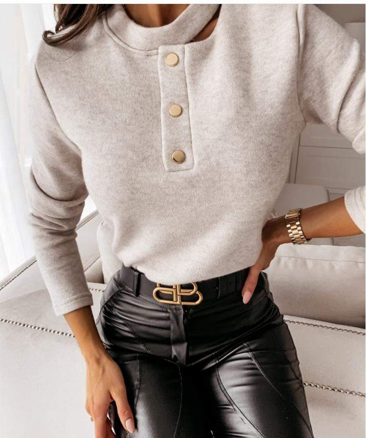 White Long Sleeve Sweater with Contrast Choker Button Placket - Image 13